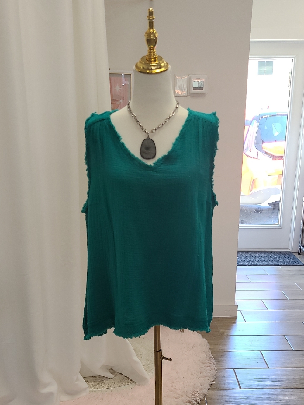Umgee Teal Frayed V-Neck Sleeveless Tank